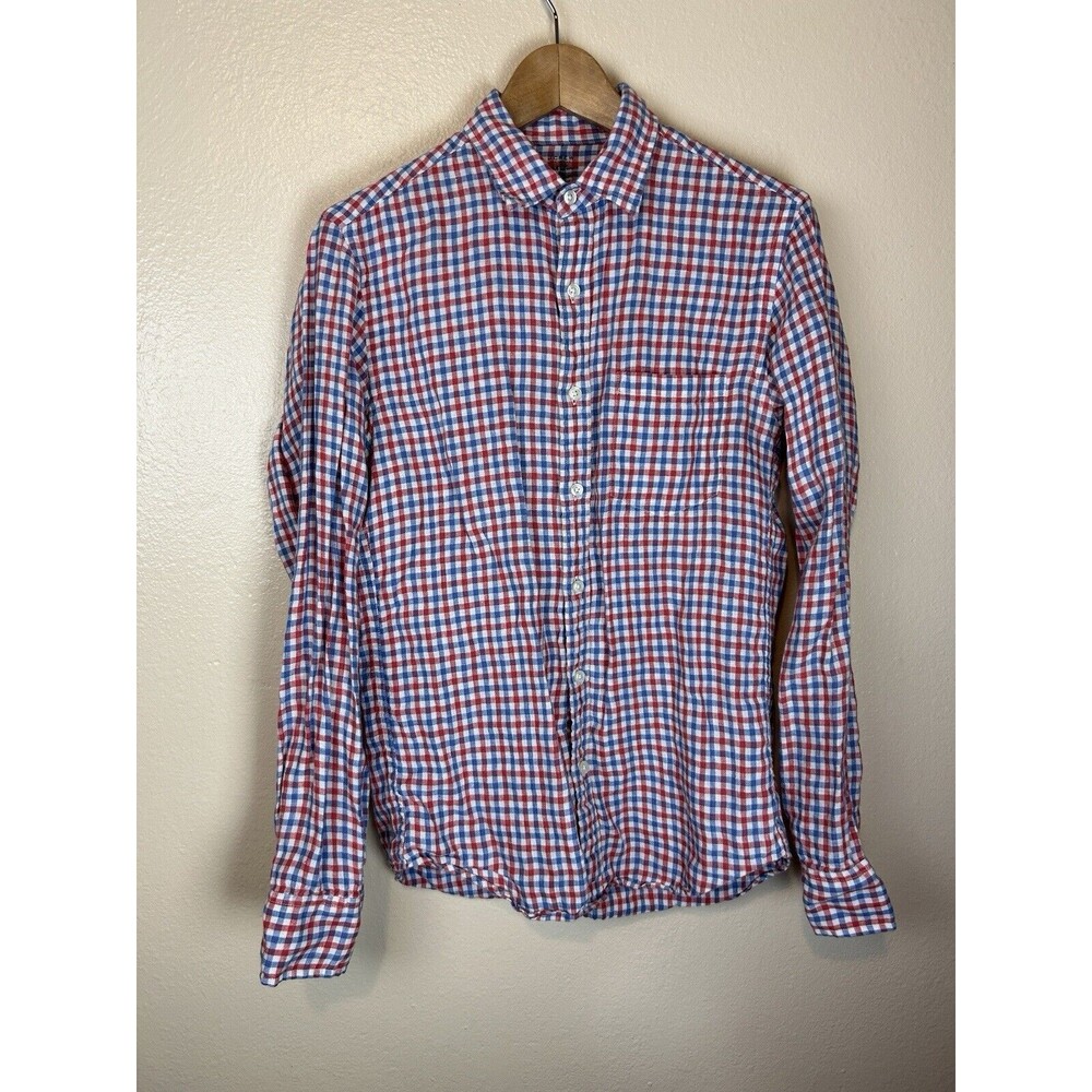 J.crew S Irish Linen Baird McNutt Button Down Shirt Plaid Checkered Red Slim Fit